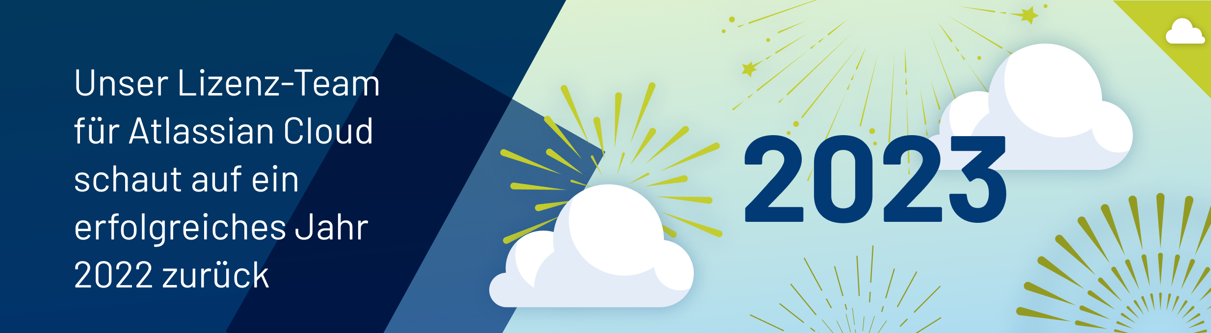 Eine Header-Grafik, auf der "2023" zu sehen ist, umgeben von Wolken und Feuerwerk. Daneben steht "Unser Linzenz-Team für Atlassian Cloud schaut auf ein erfolgreiches Jahr 2022 zurück".